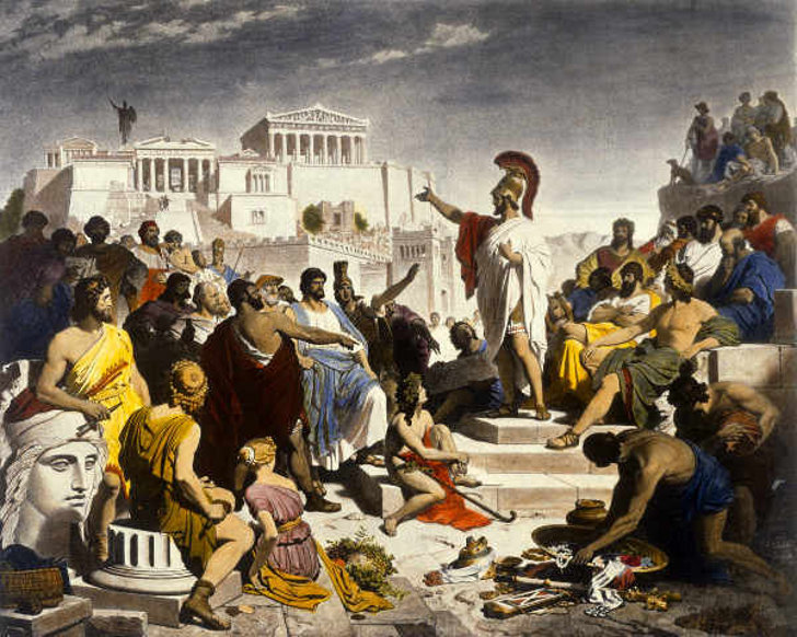 Perikles taler til eliten i Aten. Politiker ca. 450 f.kr.,  malt i 1853 av Philipp von Foltz 