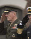 Marine Corps Gen. Joseph F. Dunford Jr., chairman of the Joint Chiefs of Staff, and Admiral Haakon Bruun-Hanssen, Norwegian Chief of Defence salute a Norwegian Honor Guard during a welcome ceremony at Akershus Fortress, Sept. 19, 2017. (DOD photo by Navy Petty Officer 1st Class Dominique A. Pineiro)