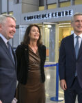 Left to right: Pekka Haavisto (Minister of Foreign Affairs, Finland) with Ann Linde (Minister of Foreign Affairs, Sweden) and NATO Secretary General Jens Stoltenberg