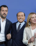 epa10199835 (L-R) Federal secretary of Italian party Lega Nord Matteo Salvini, President of Italian party 'Forza Italia' Silvio Berlusconi and leader of Italian party Fratelli d?Italia (Brothers of Italy) Giorgia Meloni attend the center-right closing rally of the campaign for the general elections at Piazza del Popolo, in Rome, Italy, 22 September 2022. Italy will hold its general snap elections on 25 September 2022 to elect a new Prime Minister.  EPA-EFE/GIUSEPPE LAMI