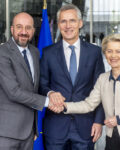 NATO Secretary General Jens Stoltenberg, the President of the European Council, Charles Michel, and the President of the European Commission, Ursula von der Leyen following the signing of  the Joint Declaration on NATO-EU Cooperation