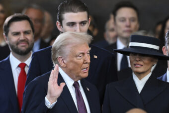 President-elect Donald Trump takes the oath of office during the 60th Presidential Inauguration in the Rotunda of the U.S. Capitol in Washington, Monday, Jan. 20, 2025. (Saul Loeb/Pool photo via AP)